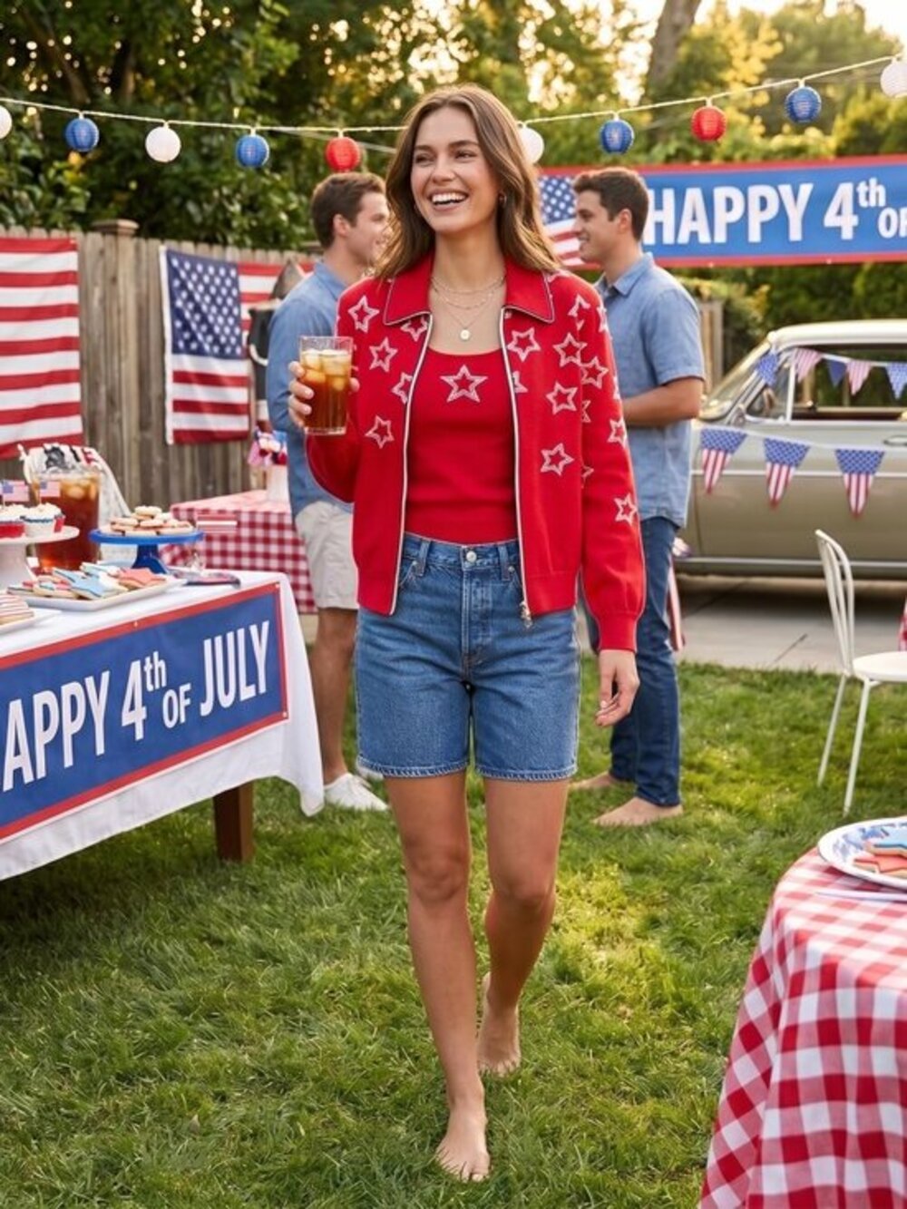VNTG St. John Red, wt & blue Knit Jacket & Tank star prin twin Set. medium